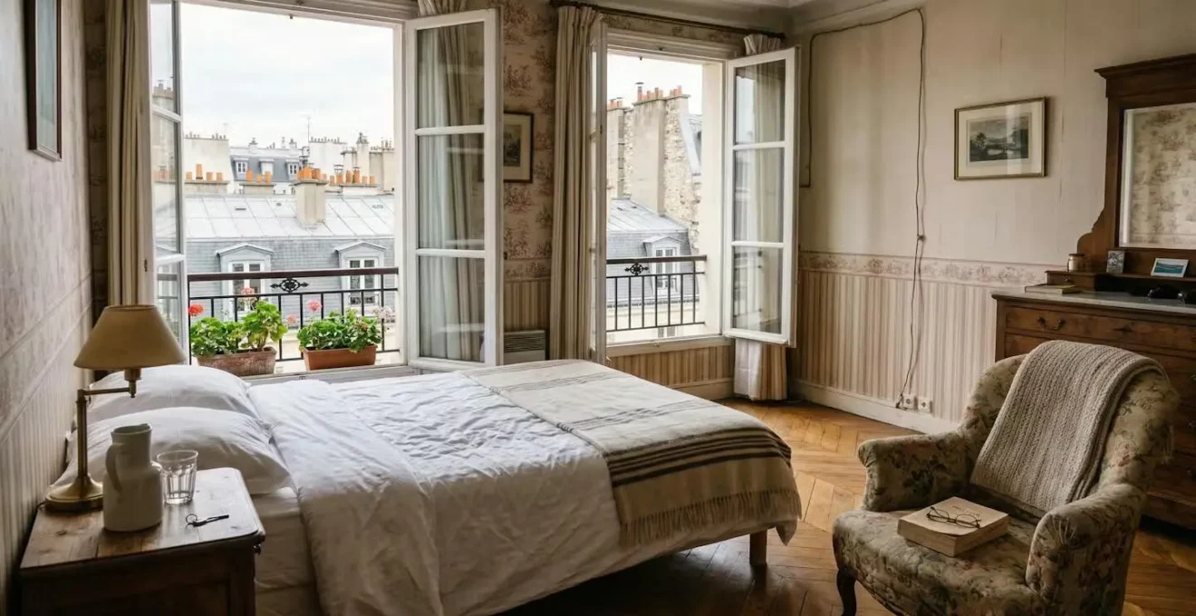 Chambre d'hôtel de charme parisien avec vue sur les toits en zinc