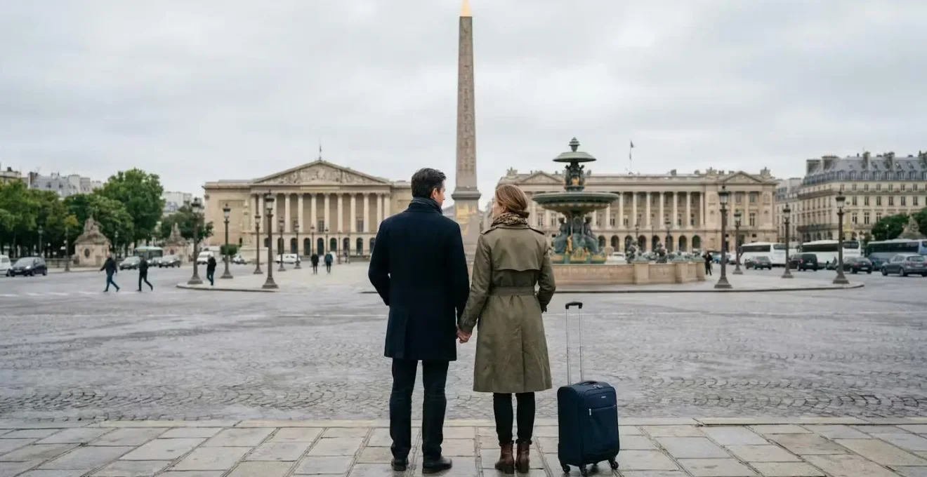 Couple admirant la Place de la Concorde avec leurs valises, vue sur l'Obélisque et les façades haussmanniennes