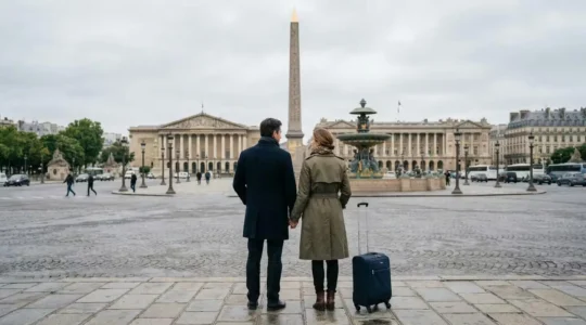 Couple admirant la Place de la Concorde avec leurs valises, vue sur l'Obélisque et les façades haussmanniennes