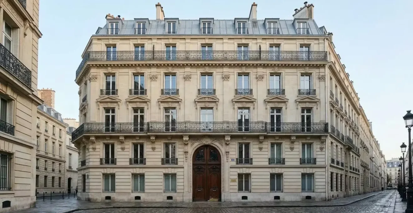 Façade typique d'un hôtel particulier parisien du 8e arrondissement avec balcons en fer forgé