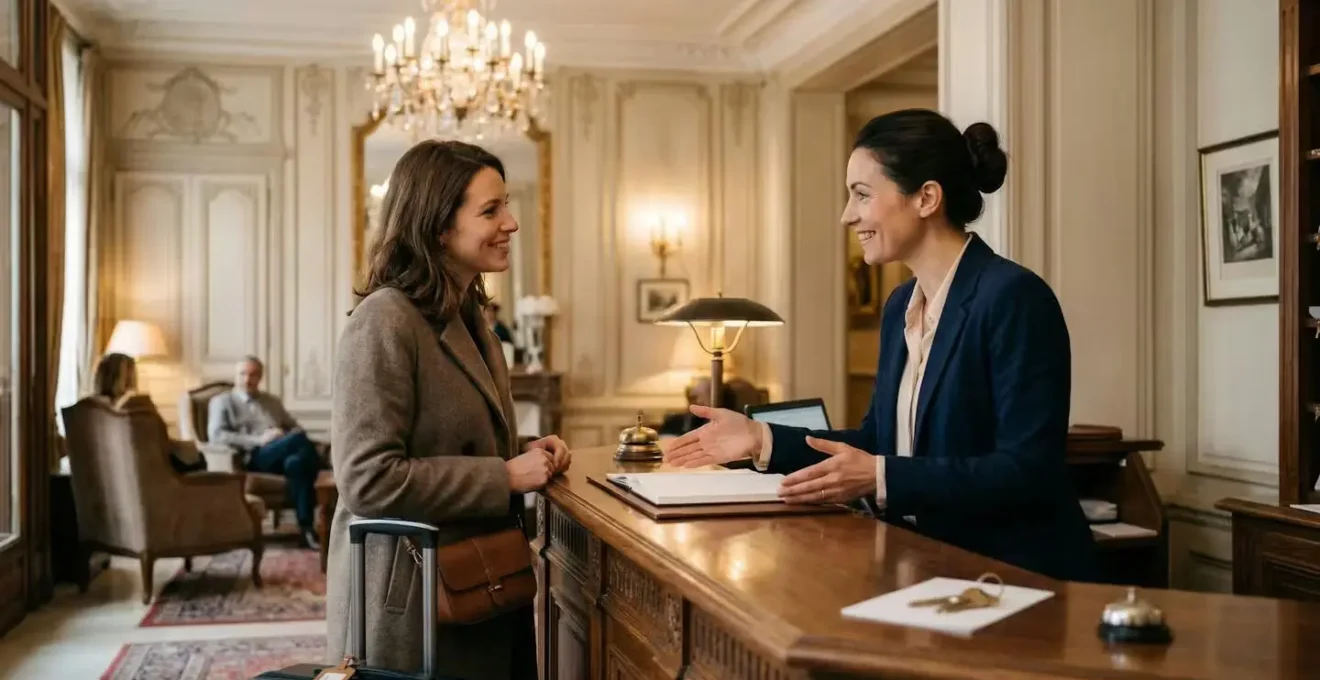 Hall d'entrée d'un hôtel parisien de charme avec moulures et réceptionniste accueillant un voyageur