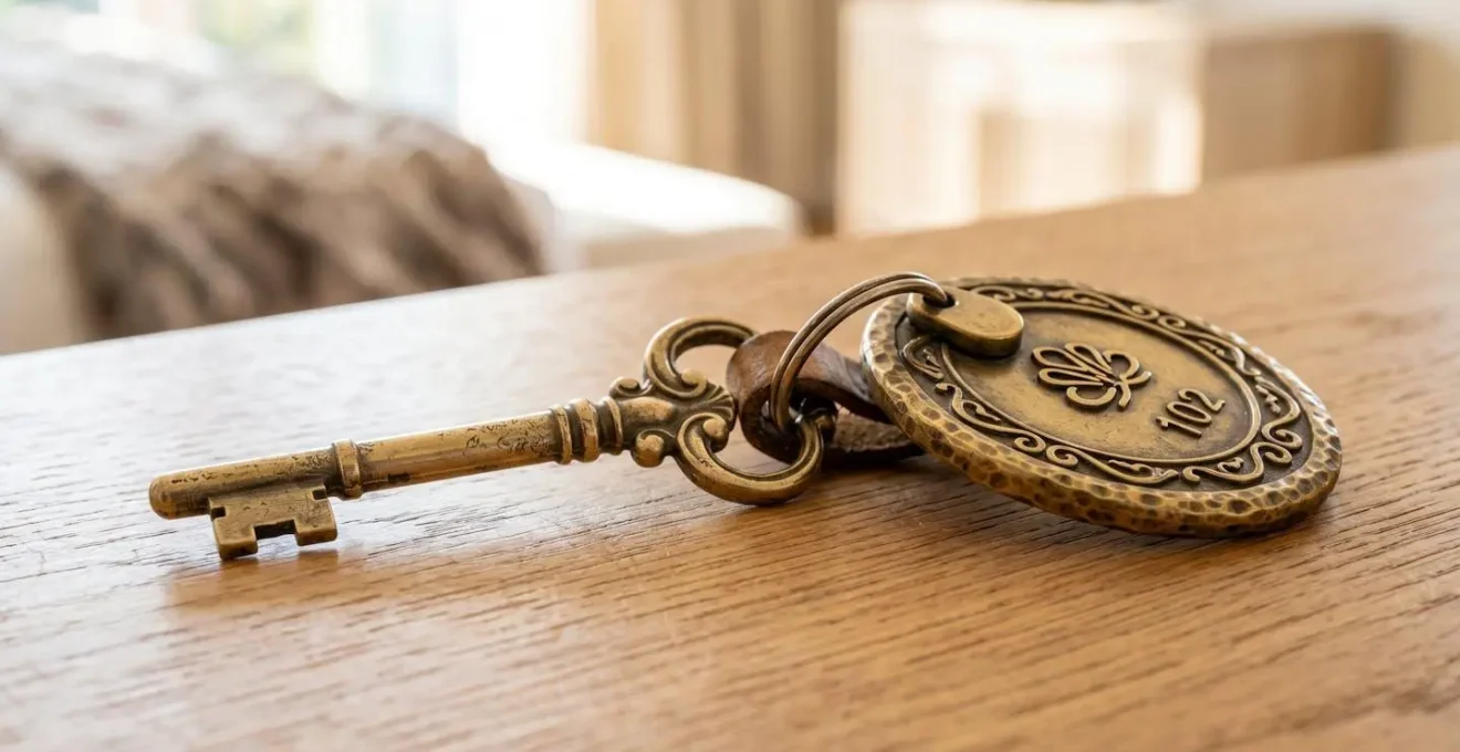 Gros plan d'une clé d'hôtel classique avec porte-clé élégant posée sur une surface en bois avec un arrière-plan flouté