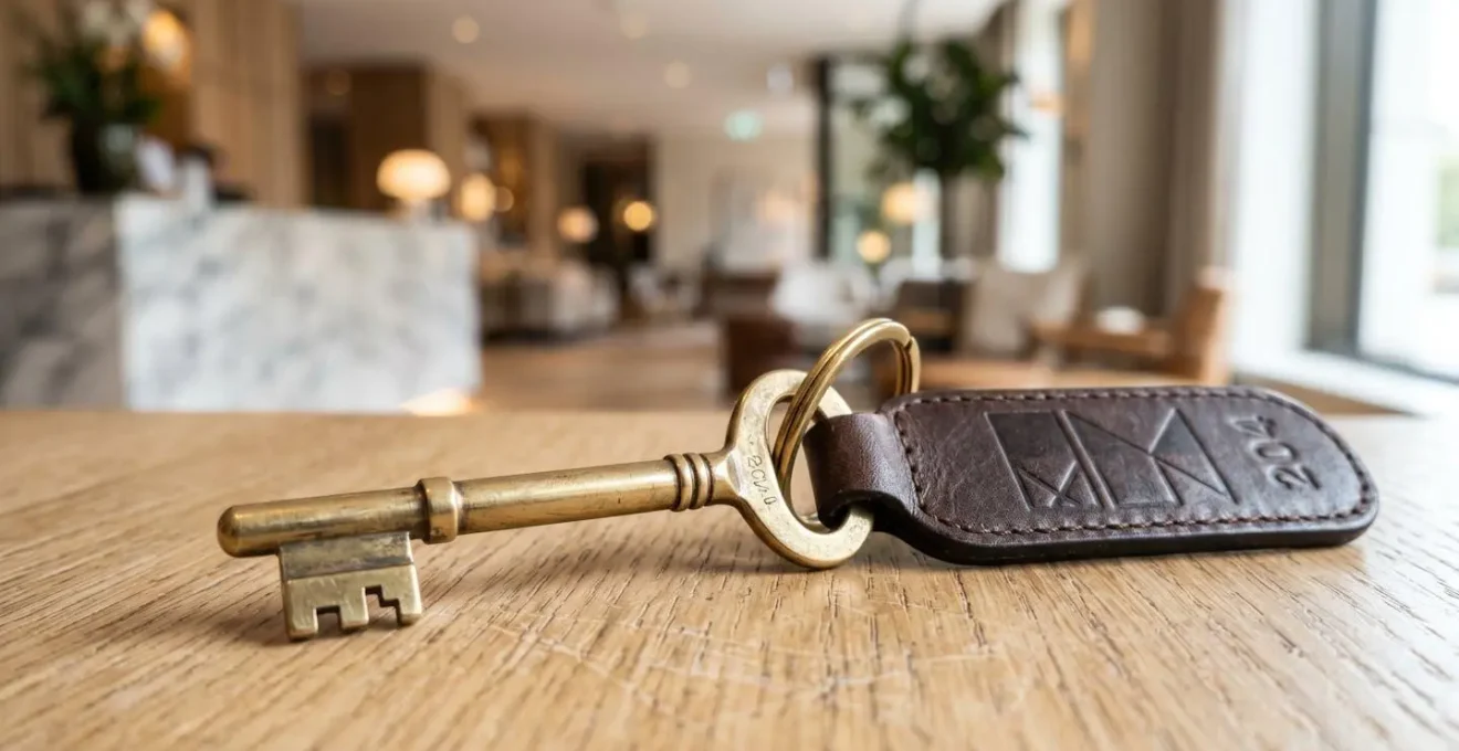 Gros plan d'une clé d'hôtel classique avec porte-clé élégant posée sur une surface en bois avec un arrière-plan flouté