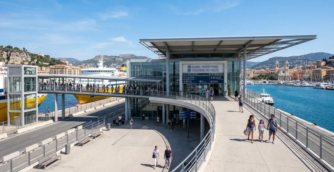Vue grand angle de la gare maritime de Nice avec son architecture contemporaine blanche et ses passerelles d'accès pour passagers