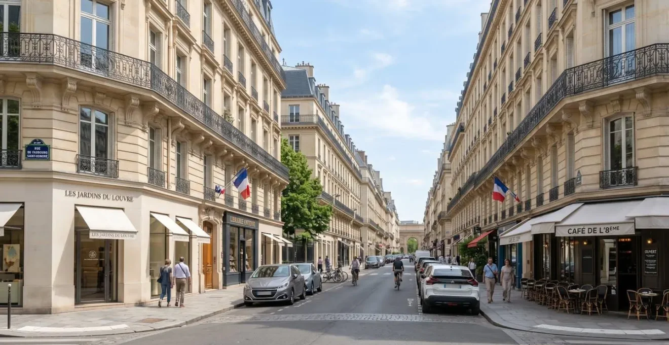 Perspective d'une rue parisienne calme bordée de façades haussmanniennes élégantes dans le 8e arrondissement de Paris sous une lumière naturelle de journée