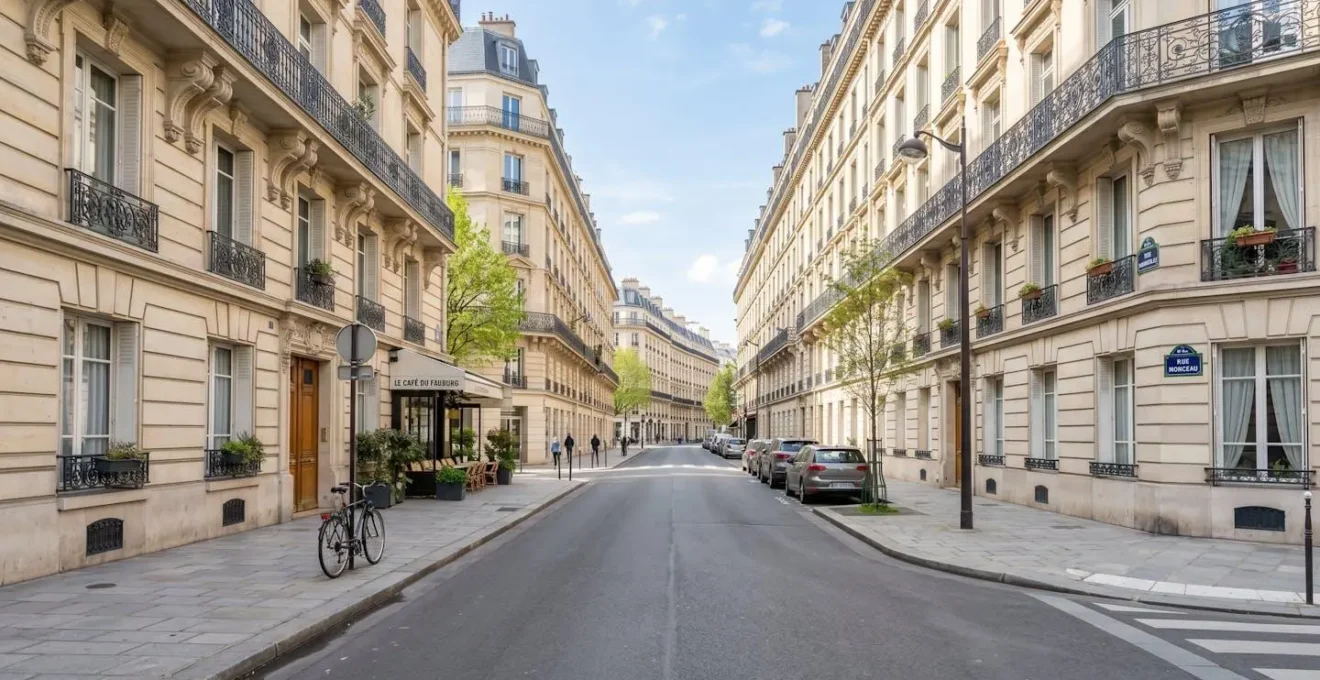 Perspective d'une rue parisienne calme bordée de façades haussmanniennes élégantes dans le 8e arrondissement de Paris sous une lumière naturelle de journée