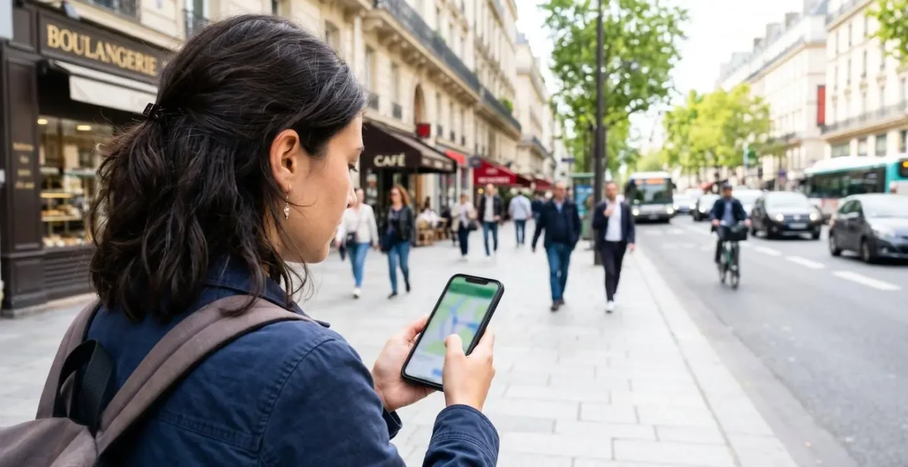 Un voyageur vu de dos consulte son smartphone pour vérifier un itinéraire dans une rue parisienne lumineuse