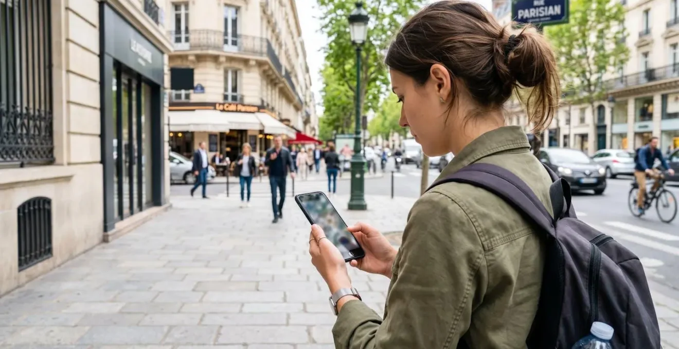 Un voyageur vu de dos consulte son smartphone pour vérifier un itinéraire dans une rue parisienne lumineuse