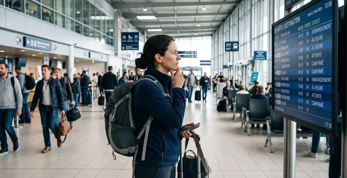 Un voyageur de profil consulte attentivement un écran d'information affichant les horaires des ferries dans le terminal moderne