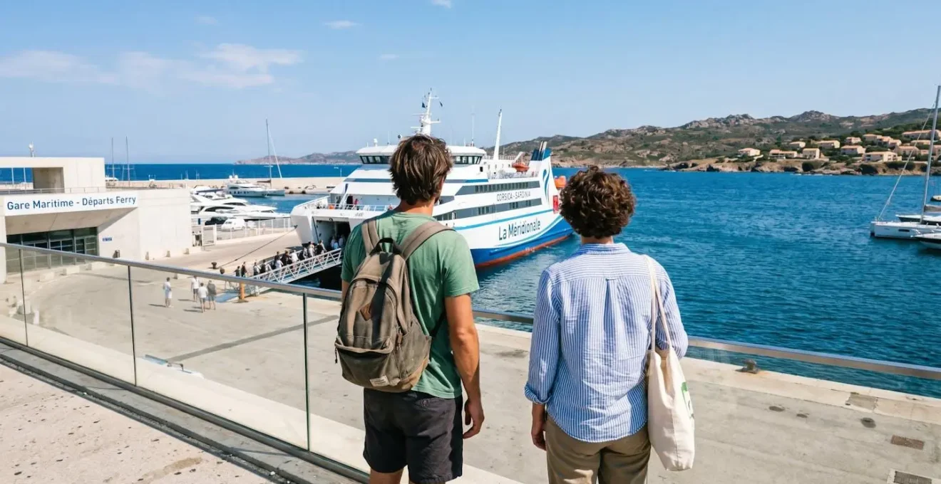 Deux voyageurs vus de dos contemplent un ferry blanc amarré au port de Nice sous un ciel bleu méditerranéen