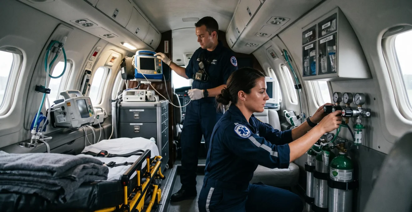Medical flight personnel preparing emergency equipment inside air ambulance aircraft cabin