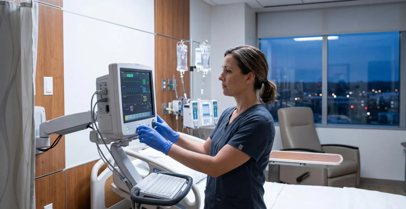 Healthcare professional checking medical monitoring equipment in modern American hospital room