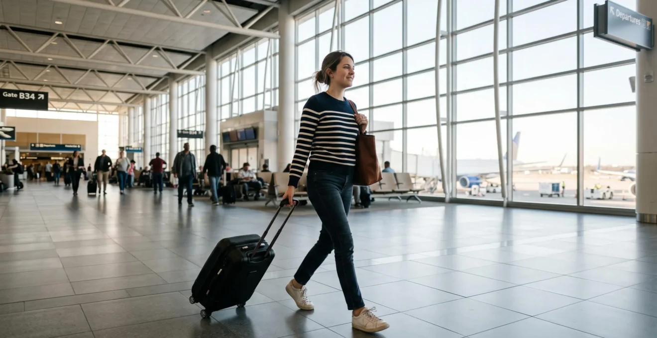 Traveler walking through modern American airport terminal with rolling luggage